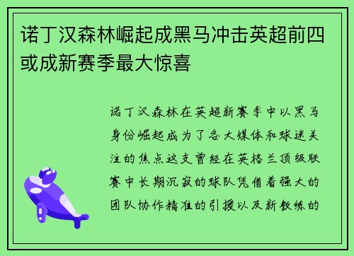 诺丁汉森林崛起成黑马冲击英超前四或成新赛季最大惊喜 诺丁汉森林崛起成黑马冲击英超前四或成新赛季最大惊喜