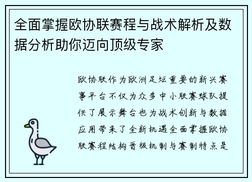 全面掌握欧协联赛程与战术解析及数据分析助你迈向顶级专家 全面掌握欧协联赛程与战术解析及数据分析助你迈向顶级专家